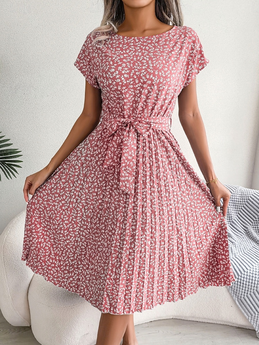 Women's Midi Dress Casual Dress A Line Dress Stylish Casual Vacation Daily Regular Fit Floral Short Sleeve Crew Neck Pink Light Blue Summer Spring 2025 - $36.99 –P7