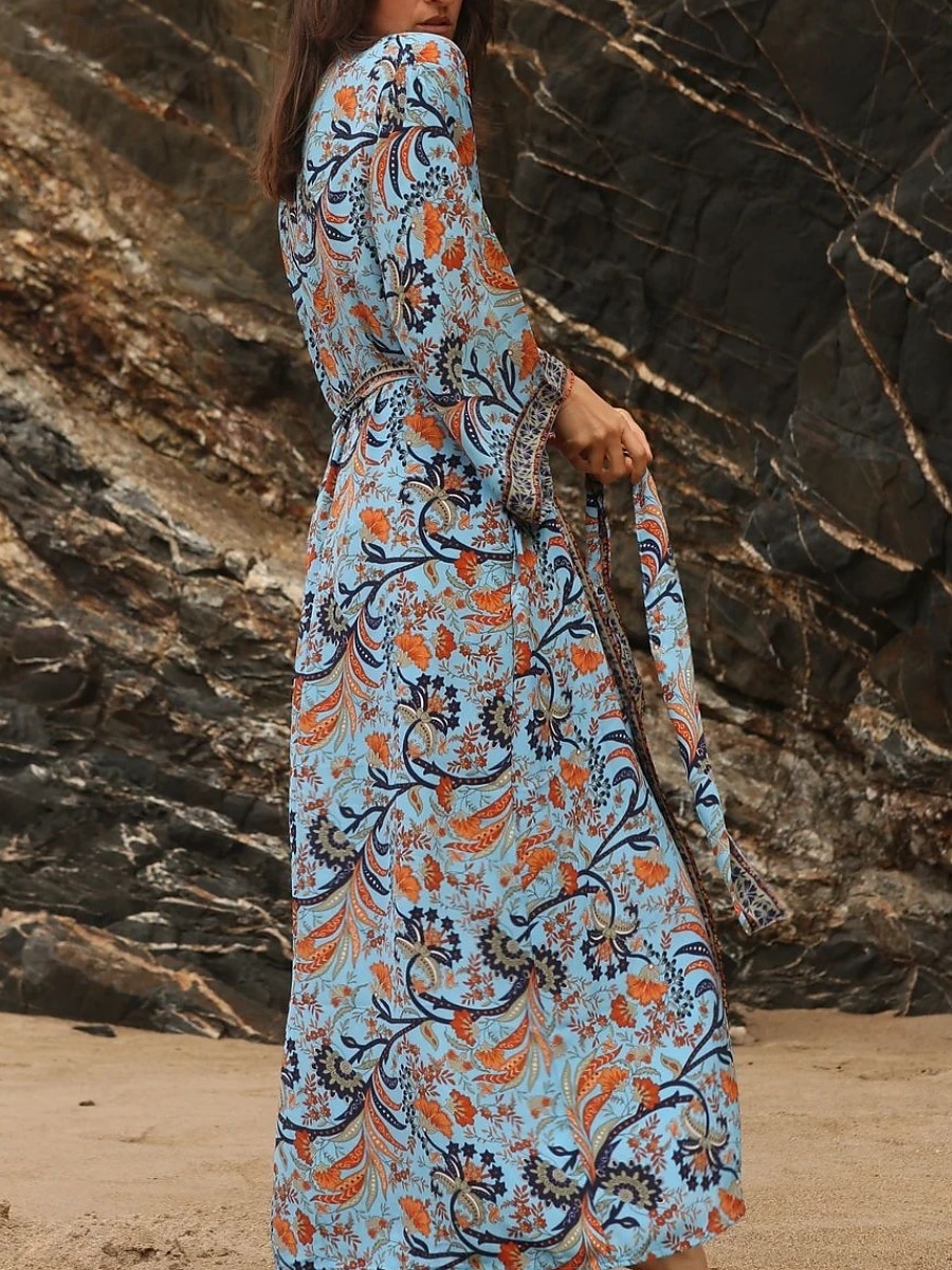 Damen Blumen V-Ausschnitt Maxikleid Langarm Sommer Frühling 2025 - $39.99 –P2