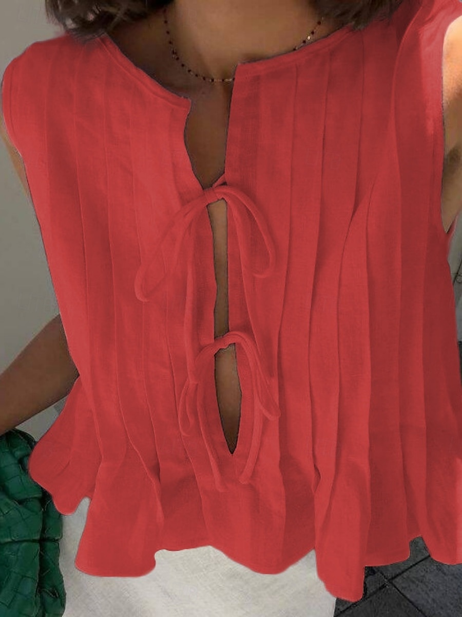 Per donna Abbottonare Camicia in cotone e lino Tinta unica Essenziale Casual Senza Maniche Girocollo Top Regolari Quotidiano Volant Nero Bianco Rosso Estate Primavera del 2025 a $34.99 –P14
