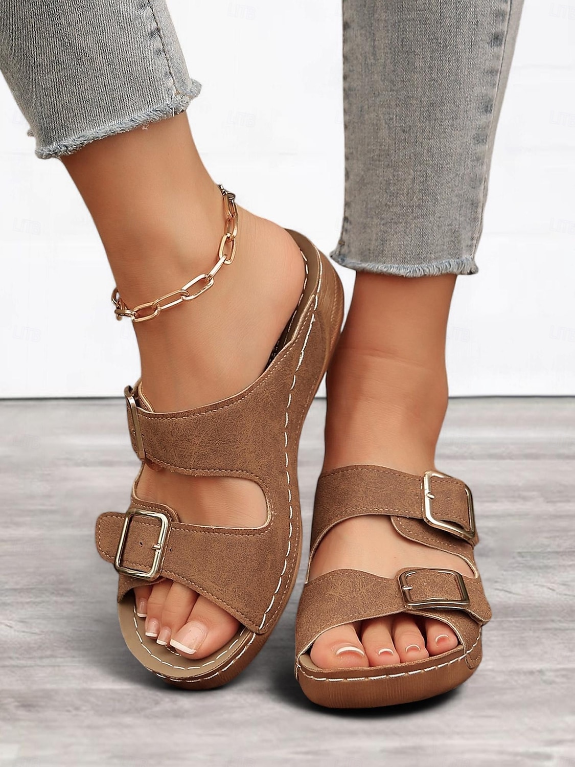 Women's Dark Blue Double Buckle Slip-On Sandals with Cushioned Sole, Casual Summer Shoes for Beach and Everyday Wear 2025 - $26.99 –P7