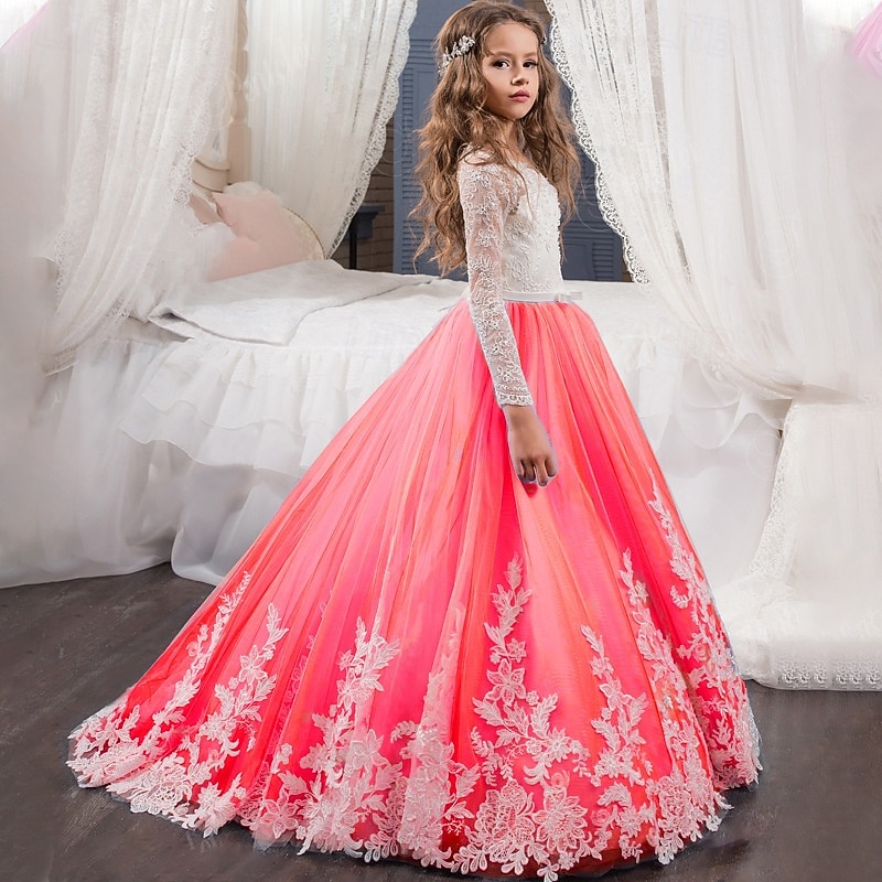 Vestido para Meninas das Flores Crianças Para Meninas Vestido de princesa Espetáculo Casamento Festa Elegante Lindo Com Transparência Flor Manga Longa Gola Redonda Branco Rosa 4 anos + de 2026 por $83.99 –P11