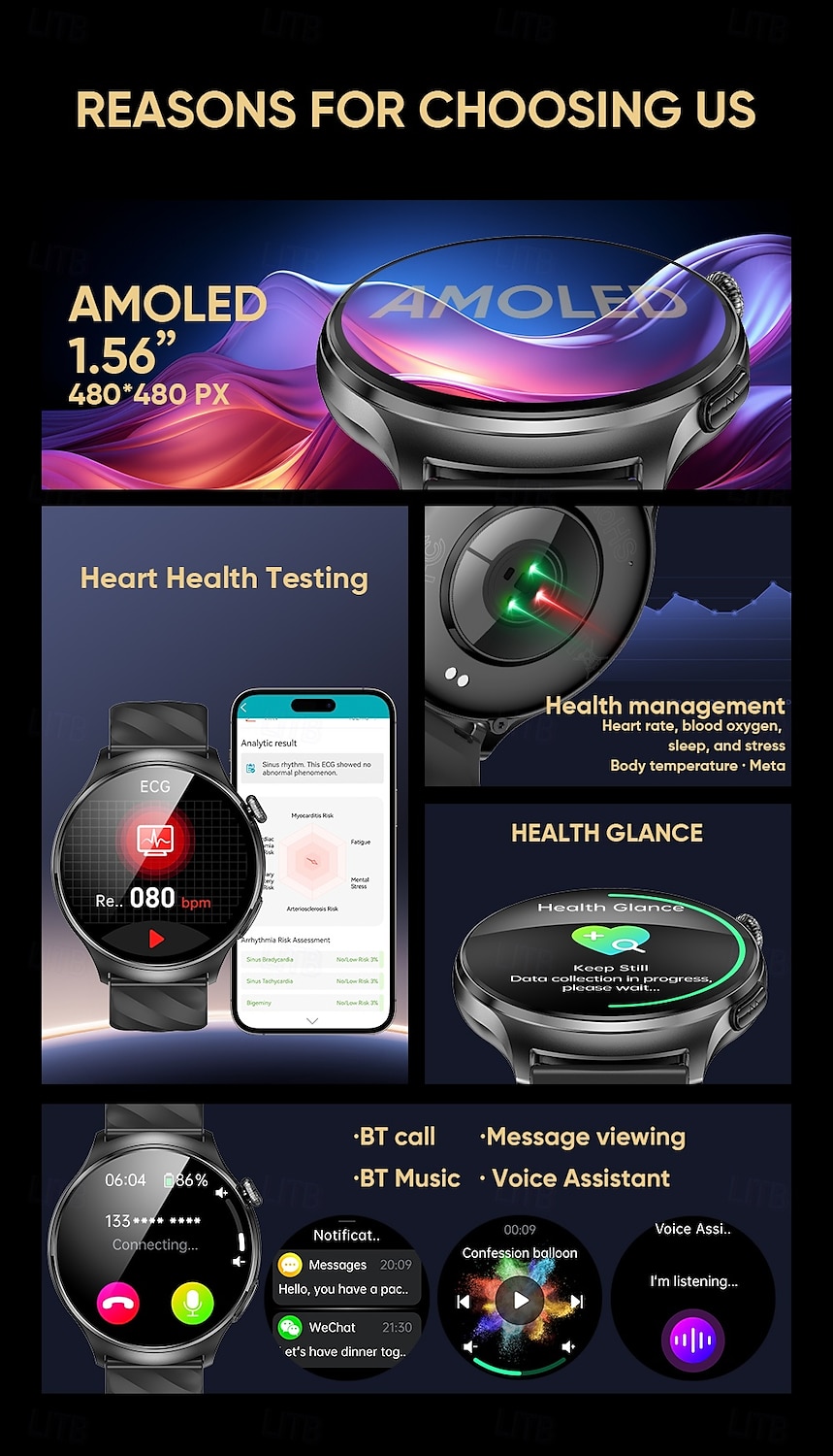 2025年 imosi mt600 スマートウォッチ 1.56 AMOLED インチ スマートウォッチ フィットネス ランニングウォッチ Bluetooth ECGPPG 温度モニタリング 歩数計 Android iOS 対応 女性 男性 ハンズフリー通話 防水 コレクション – $78.99 –P2