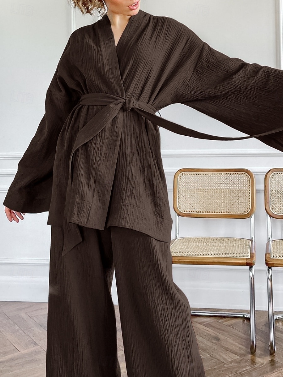 Dame Pyjamas Sett Fritid Komfort Ren farge Blondér Elastisk midje Kjole Topp Bukse Hjem Daglig Langermet V-hals Hvit Blå Brun Sommer Vår Høst Normal 2025 - $71.99 –P8