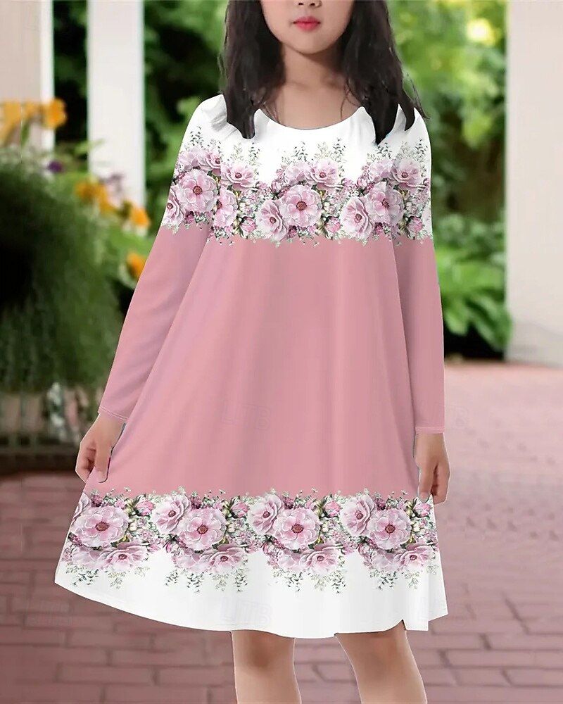 Pasen Meisjes 3D Bloemig Grafisch Jurk Lange mouw Zomer Lente Vakantie Dagelijks Feestdagen Prinses Mooi Zoet Kinderen 4-12 jaar Casual jurk A lijn jurk Tot de knie Normale pasvorm 2025 - $16.99 –P5