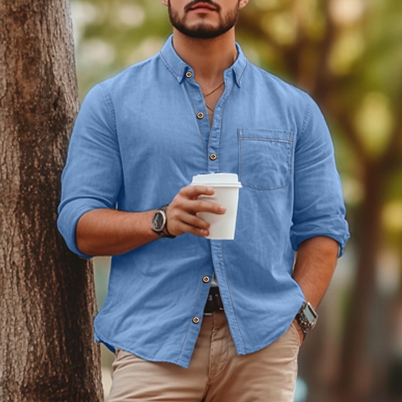 Herren Hemd Chambray-Hemd Calico-Hemd Lässiges Hemd Knopfhemd Denim Blue Schwarz Dunkel Blau Dunkelblau Langarm Glatt Kragen Urlaub Täglich Bekleidung Modisch Brautkleider schlicht 2025 - $29.99 –P3