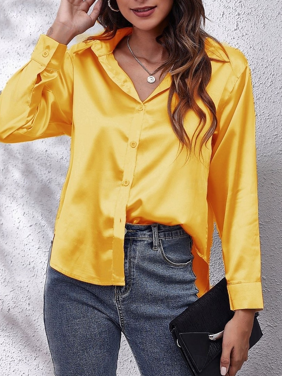 Per donna Camicia Elegant Elegante Raso/Satin Tinta unica Affari Moderno Casual Manica Lunga Colletto a Camicia Top Regolari Lavoro Abbigliamento Formale Bottoni Giallo Rosa Vino Blu Verde Estate del 2025 a $24.99 –P5