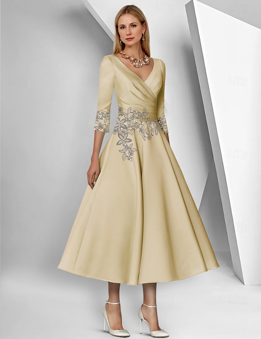 Vestido A-Line Mãe da Noiva Vestido Elegante Simples Gola V Comprimento do Tornozelo Comprimento do Chá Cetim Manga 3/4 com Renda Pregas Vestido de Corrida com Lantejoulas de 2025 por $143.99 –P3