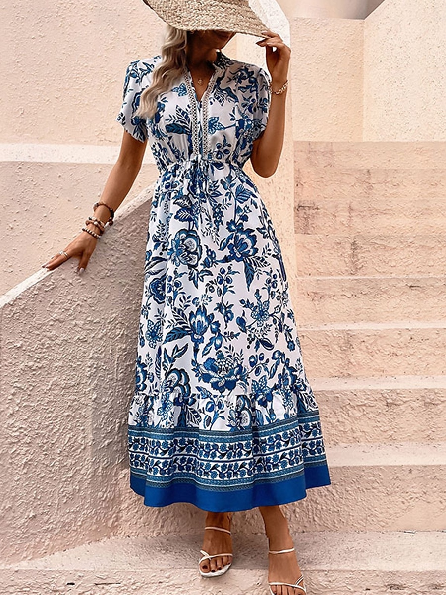 Dam Vanligt Maxiklänning Boho Chic klänningar Boho-klänning bohemliv Semester Strand Normal Grafisk Kortärmad V-hals Blå Sommar 2025 - $33.99 –P3