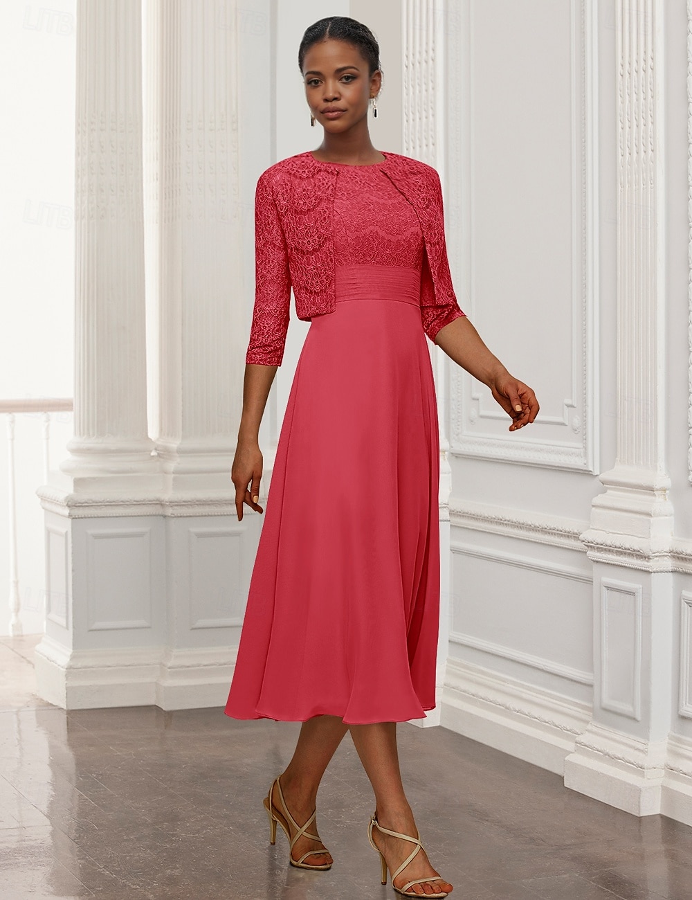 Robe 2 pièces Sheath  Colonne Mère de la mariée Robe Élégante Simple Col bijou Longueur genou Tissu extensible Veste à manches 3/4 Robes avec appliques brodées de 2025 ? $180.99 –P1
