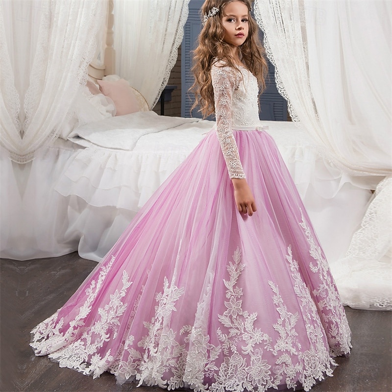 Vestido para Meninas das Flores Crianças Para Meninas Vestido de princesa Espetáculo Casamento Festa Elegante Lindo Com Transparência Flor Manga Longa Gola Redonda Branco Rosa 4 anos + de 2026 por $83.99 –P1