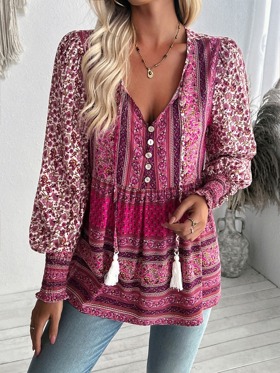Dames Overhemd Blouse Bloemig Bohemen Casual Lange mouw V-hals Normale tops Dagelijks Afdrukken blauw Fuchsia Lente Herfst 2025 - $34.99 –P3