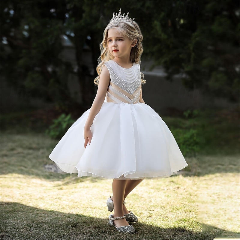 Robe de Demoiselle d'Honneur Fille enfants Fille Robe de princesse Utilisation Mariage Soirée Elégant Magnifique Maille Couleur unie Sans Manches Col Ras du Cou Blanche Champagne 4 ans et + de 2025 ? $38.99 –P5