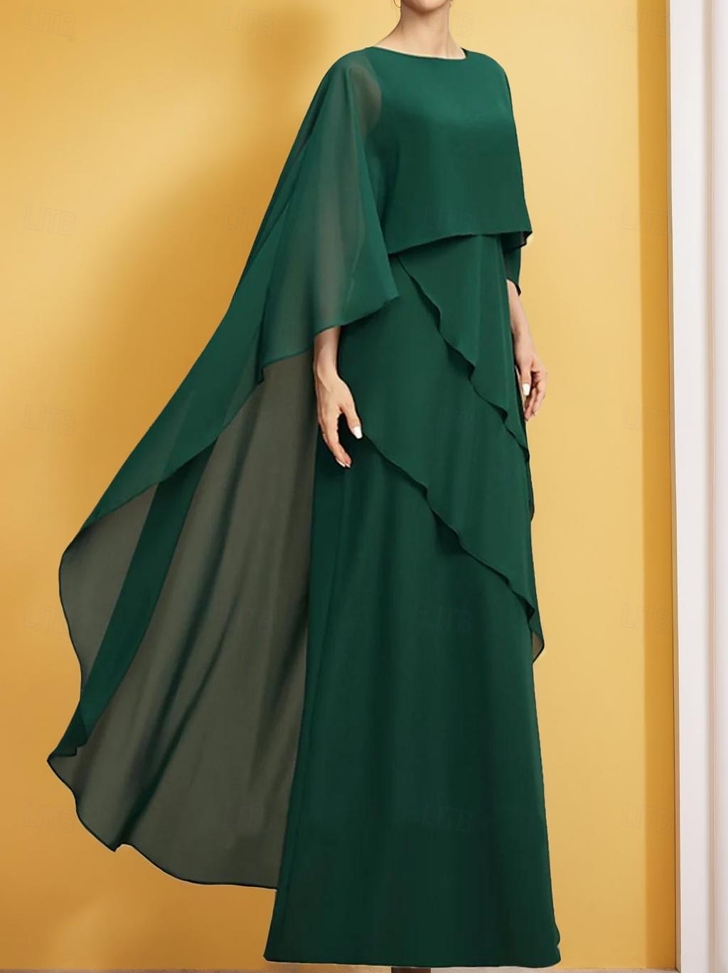 Abito A-Line per la madre della sposa Elegante Vintage Semplice Collo a Gioiello Lunghezza Filo Chiffon Maniche a Tre Quarti con Volant 2025 del 2025 a $174.99 –P2