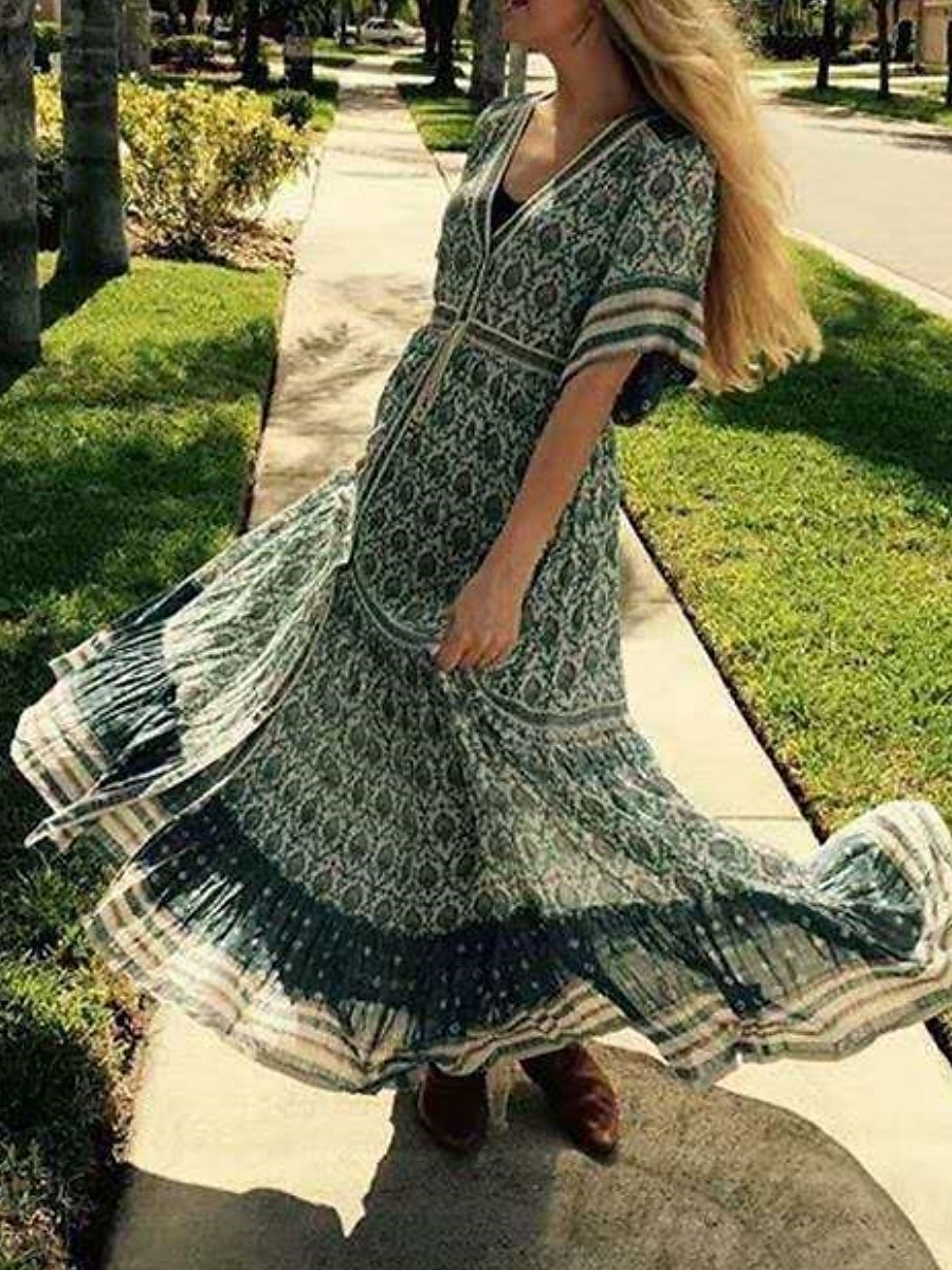 Damen kleid lang Casual kleid A Linie Kleid Boho-Kleid Stilvoll Brautkleider schlicht Urlaub Täglich Regular Fit Blumen Kurzarm V Ausschnitt Blau Frühling Herbst 2025 - $33.99 –P3