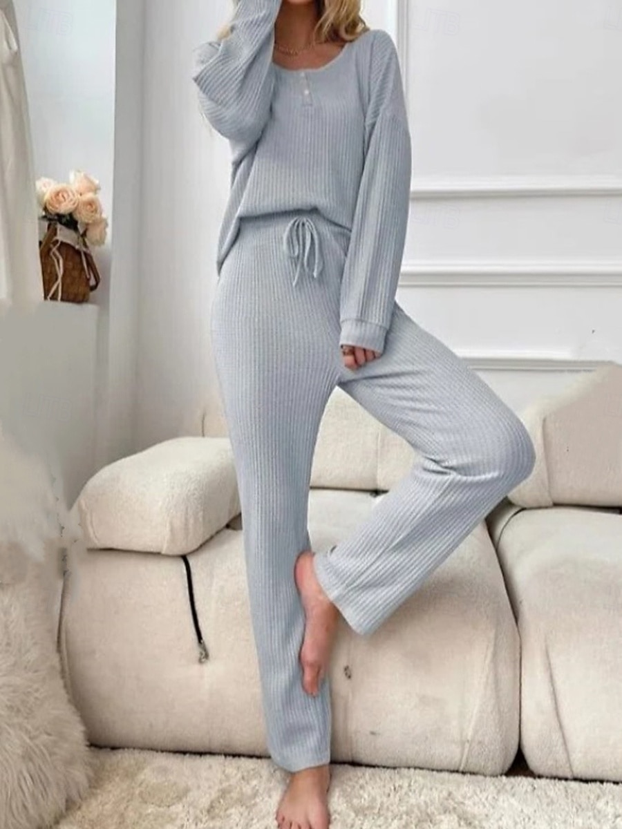 Women's Pajamas Loungewear 2 Pieces Casual Pure Color Patchwork Buttons T Shirt Pant Home Long Sleeve U Neck Black Pink Light Grey Spring Fall Winter Tailored Fit 2026 - $32.99 –P3