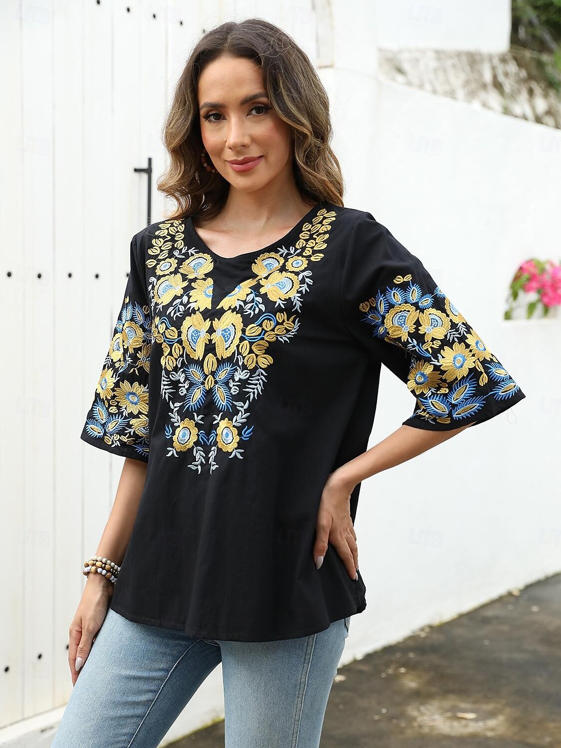 Damen Hemd Feste Farbe Blumen Brautkleider schlicht Boho 3/4 Ärmel Ellbogenlange Ärmel Rundhalsausschnitt Normale Oberteile Urlaub Party Täglich Bestickt Schwarz Herbst Frühling Sommer 2025 - $45.99 –P4