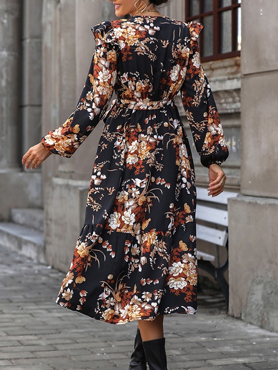 Per donna Vestito longuette Abito casual Vestito svasato Abito linea A Moda Informale Da mare Giornaliero Standard Floreale Manica lunga A V Nero Primavera Autunno del 2025 a $51.99 –P2