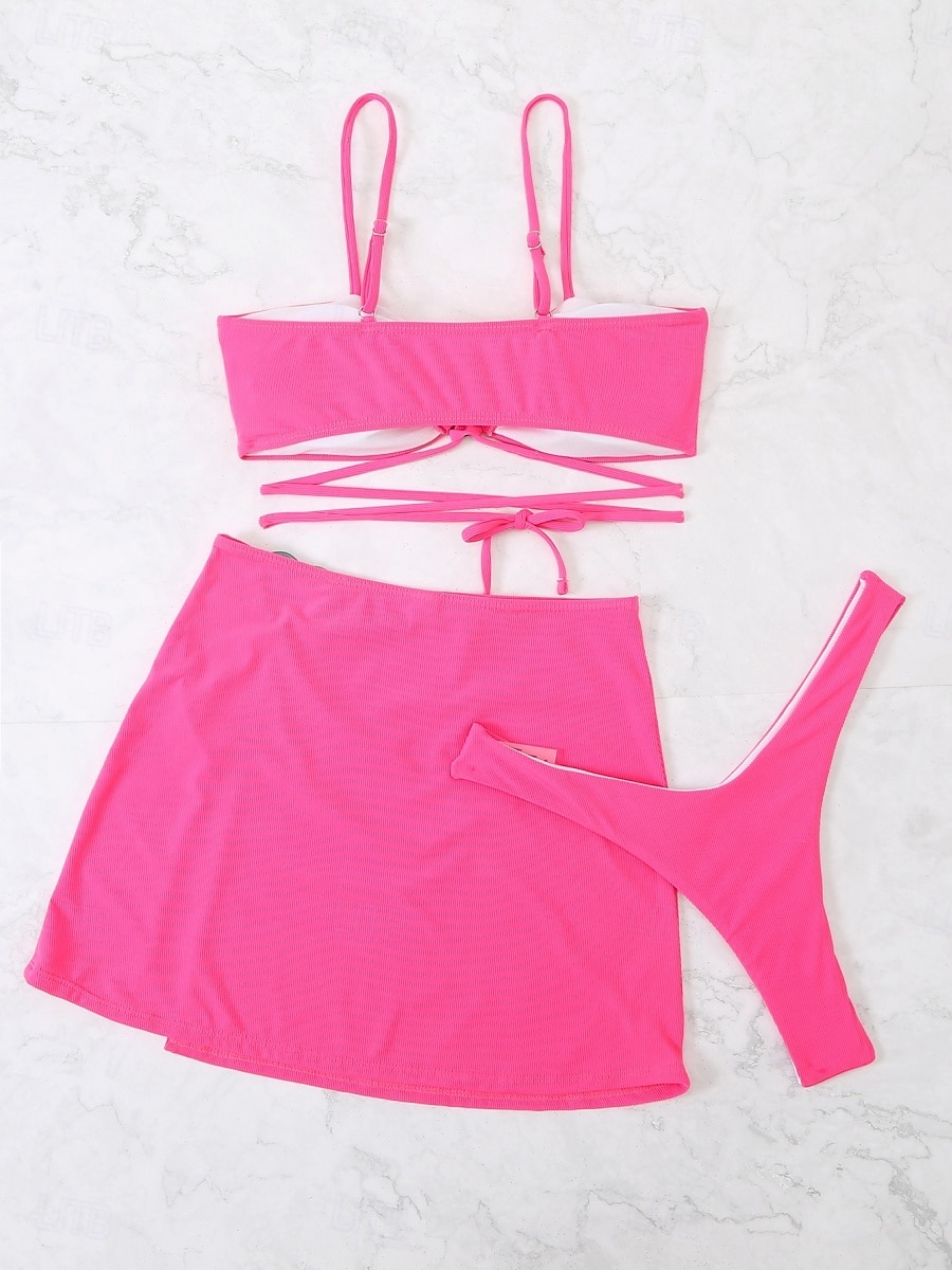 Dames Zwemkleding Bikini Driedelig Rok Zwempak Blote rug Slank Vakantie Strand Kleding Effen Kleur Halternek Mouwloos Badpakken 2025 - AU $52.89 –P3