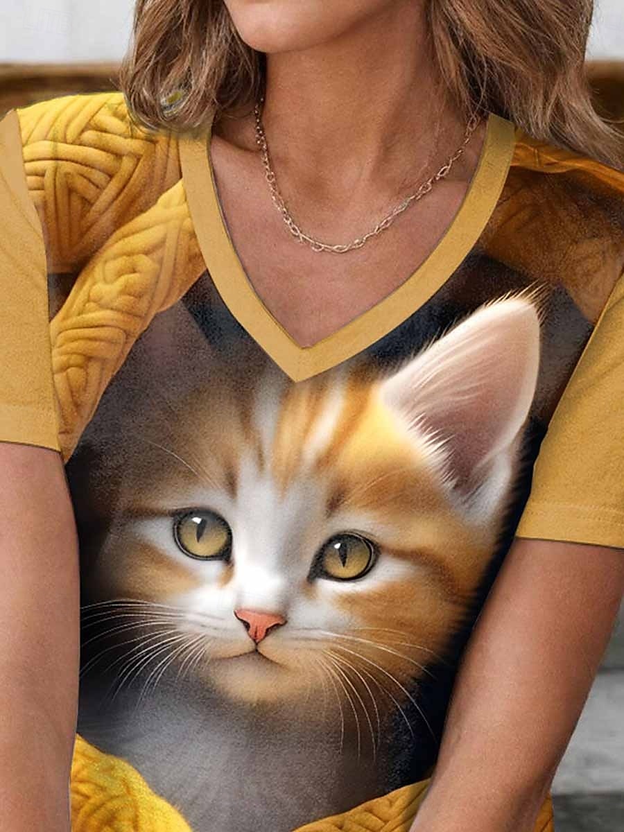Femme T shirt Chat mode Décontractées Manche Courte Col V Hauts réguliers du quotidien Imprimer Jaune Eté de 2025 ? $19.99 –P3