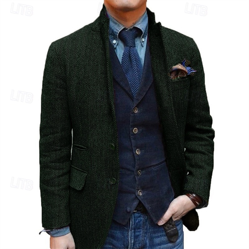 Blazer de tweed retro vintage para hombre, blazer de espiga, chaqueta deportiva, talla grande, botonadura sencilla, dos botones, negro, champán, burdeos, azul 2025 - $95.99 –P10
