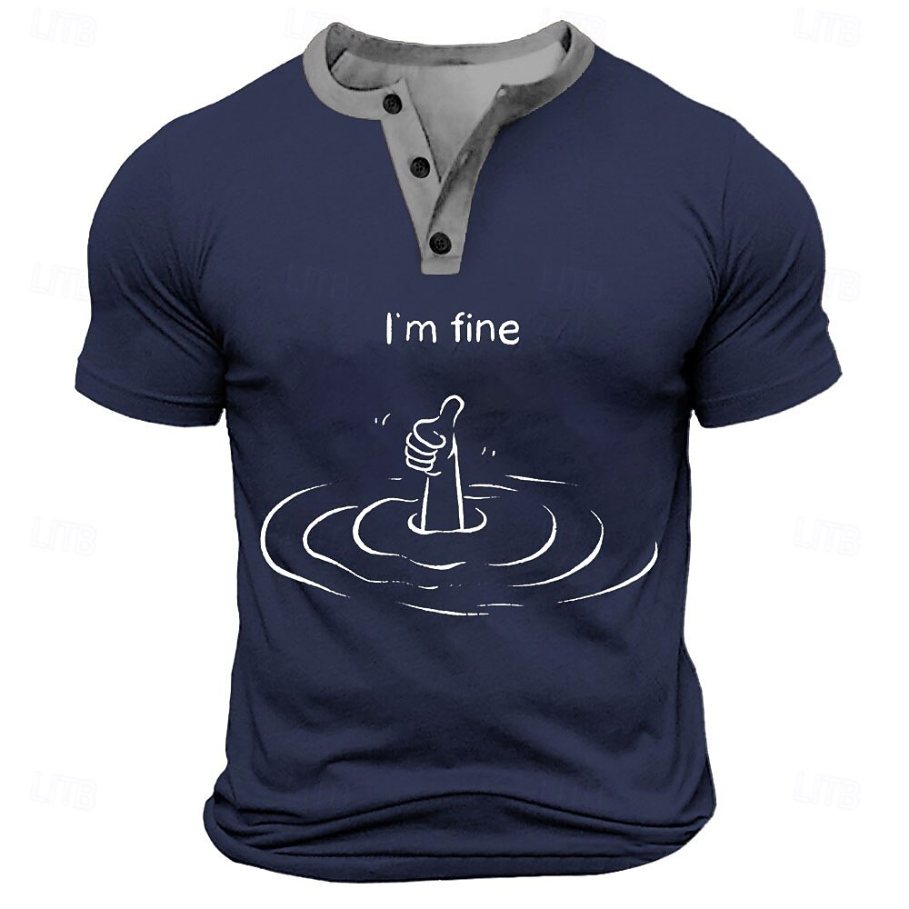2025年 皮肉な"私は大丈夫"溺れているサムズアップグラフィックメンズ短袖Tシャツ、ボタンプラケット付き  コレクション – $22.99 –P1