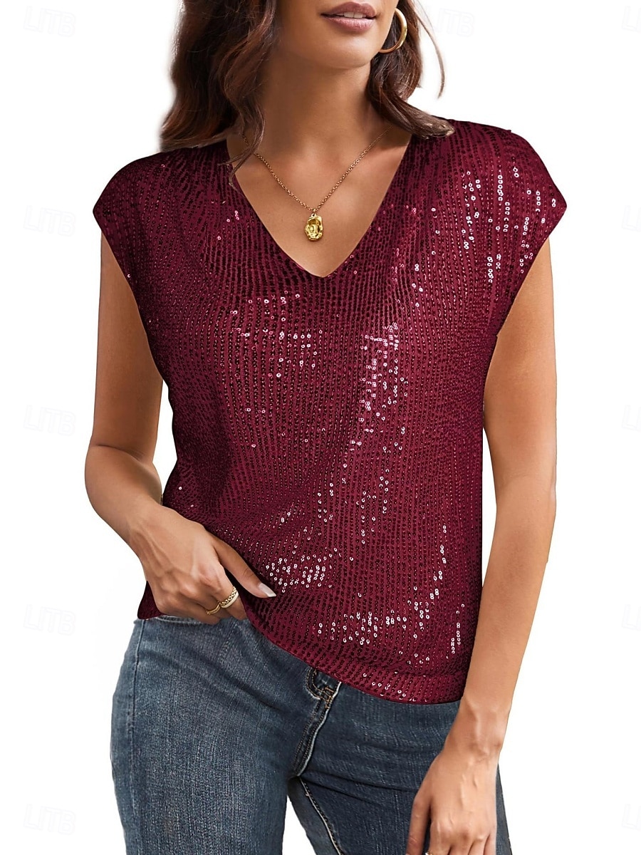 Damen Spaghetti-Top einfarbig Basic lässig ärmellos V-Ausschnitt reguläre Tops täglichen Pailletten Schwarz Wein Sommer Frühling 2025 - $17.49 –P6
