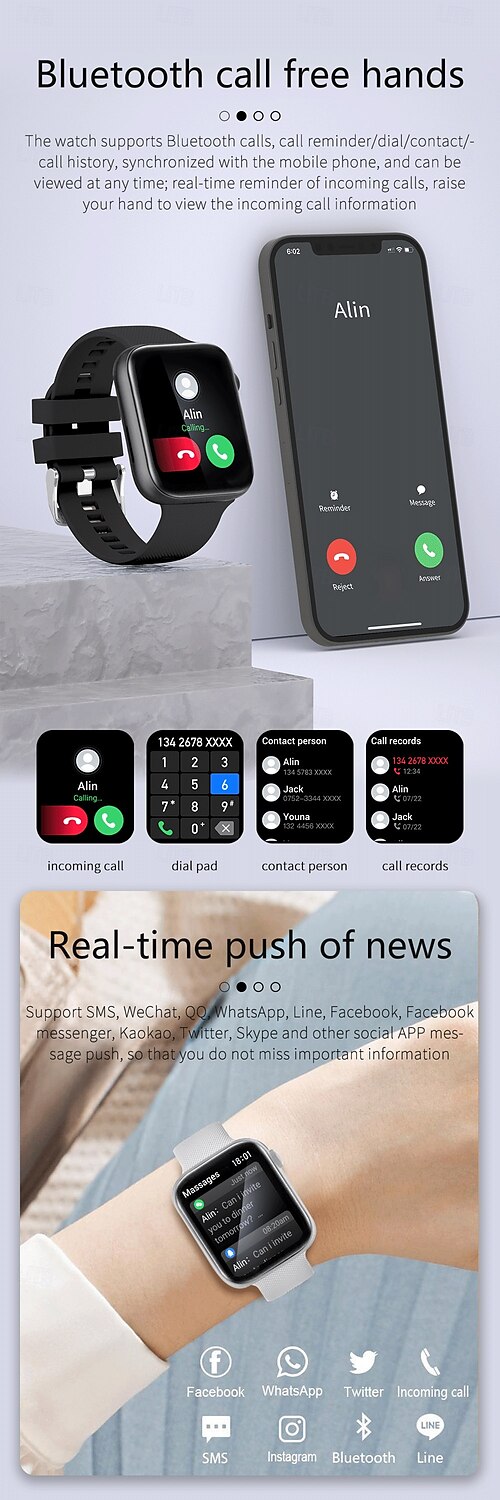 2025年 iMosi HT15 スマートウォッチ 1.85 インチ スマート·ウォッチ ブルートゥース 歩数計 着信通知 睡眠サイクル計測器 と互換性があります Android iOS 女性 男性 ハンドフリーコール 防水 メディアコントロール IP 67 39mmウォッチケース  コレクション – $42.99 –P6