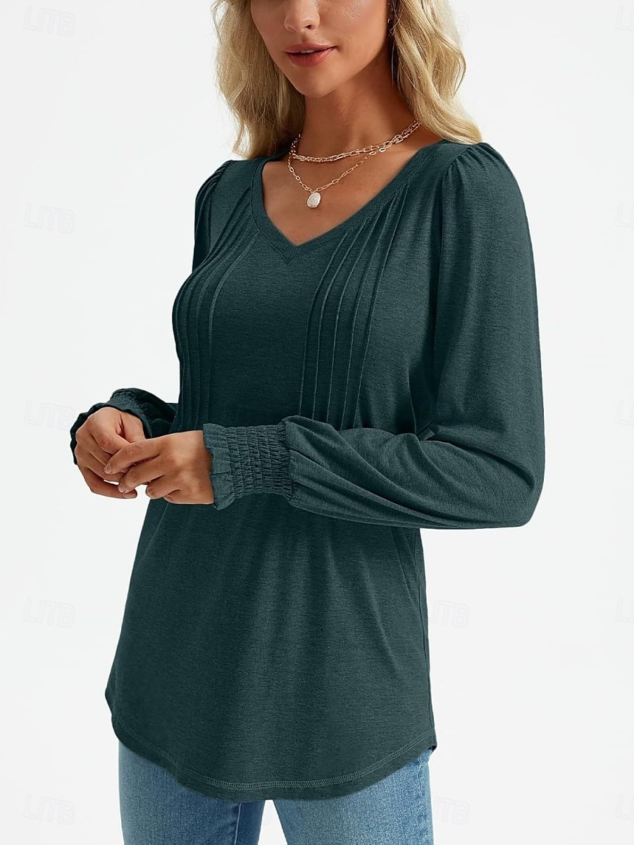 Dame Skjorte Bluse Helfarge Grunnleggende Fritid Langermet V-hals Vanlige topper Daglig Rynket Smukket Rosa Blå Grønn Sommer Vår 2025 - $29.99 –P13