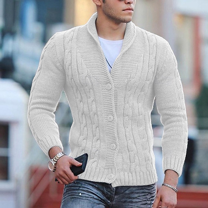 Men's Sweater Cardigan Sweater Fall Sweater Cable Cropped Plain Shawl Collar Fashion Warm Ups Christmas Xmas Clothing Apparel Fall & Winter Wine Red Black S M L 2025 - $27.99 –P7