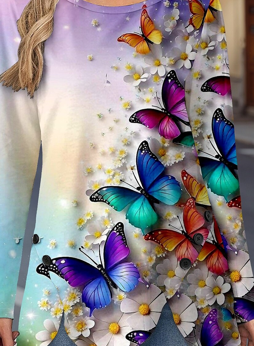 Femme T shirt A Ombre Papillon Décontractées manche longue Col Ras du Cou Hauts réguliers du quotidien Boutons Imprimer Asymétrique Violet Printemps & Automne de 2025 ? $24.99 –P3