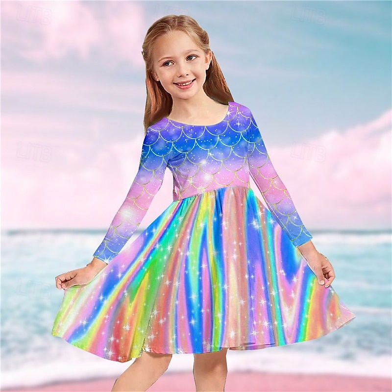 kinderkleidung Mädchen Kleid Regenbogen Meerjungfrau Langarm Casual Rundhalsausschnitt bezaubernd Täglich Polyester Übers Knie Casual kleid Schaukelkleid A Linie Kleid Herbst Winter 3-10 Jahre 2025 - $17.49 –P9