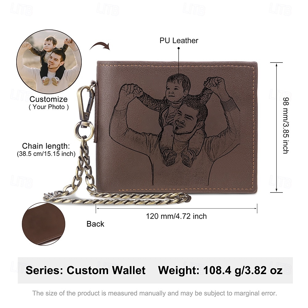 Personalized Photo Engraved Leather Wallet Custom Best Gift for Dad, Bifold Wallet with Chain for Men, Husband, Son, Father's Day, Birthday, Christmas 2025 - $24.99 –P2