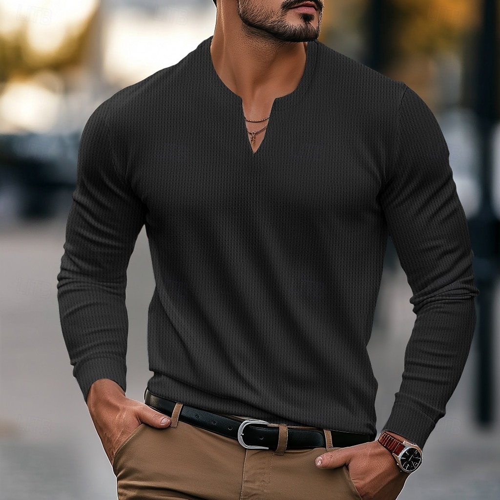 Herren Waffelhemd T Shirt T-Shirt Langarmshirt Langarm V Ausschnitt Frühling & Herbst Einfach Mode Designer Basic Klassicher Stil Urlaub Straße Ausgehen Schwarz Weiß Orange Top T-Shirt für Herren 2025 - $18.99 –P4