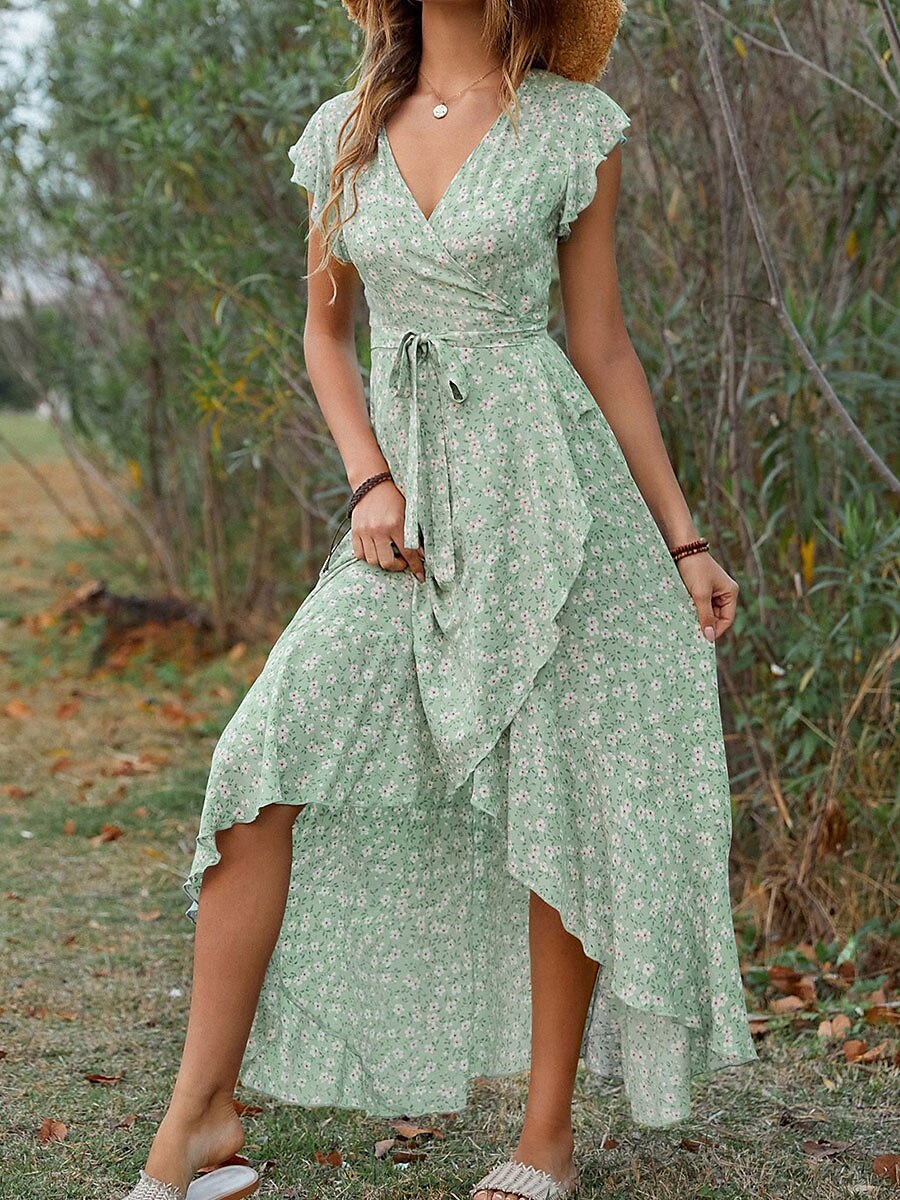 Dames Maxi-jurk Casual jurk Boho chique jurken Bohemen leuke Style Stijlvol Flutter mouw Vakantie Dagelijks Strand Ruim Passend Grafisch Korte mouw V-hals Groen Donkerblauw Zomer Lente 2025 - $43.99 –P3