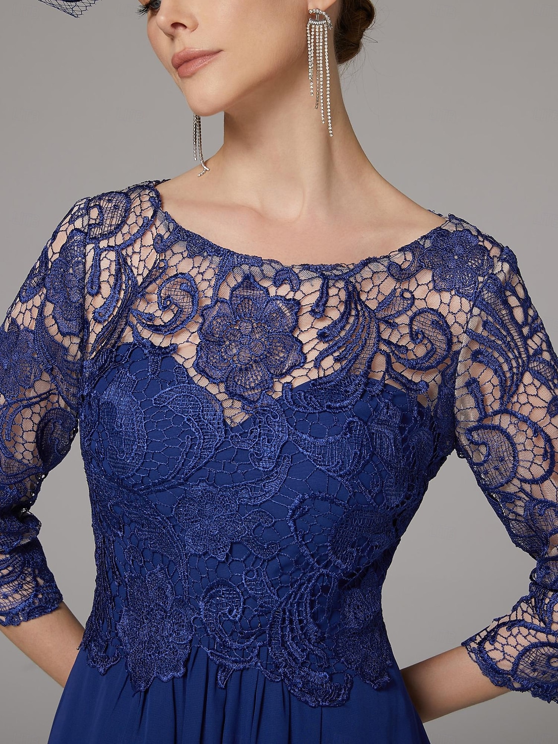 A-Linien-Kleid, elegantes Kleid für die Mutter der Braut, hoher Schlitz, U-Boot-Ausschnitt, bodenlang, Chiffon, 3/4-Ärmel mit Spitzenapplikationen, 2025 2025 - $150.99 –P7