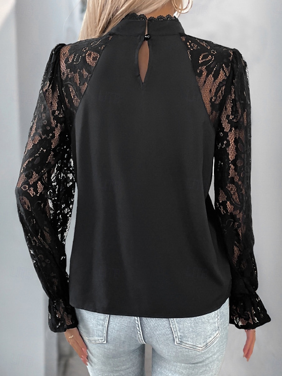Women's Lace Shirt Solid Color Elegant Long Sleeve High Neck Regular Tops Daily Going out Lace Black Spring Fall 2025 - $32.99 –P3