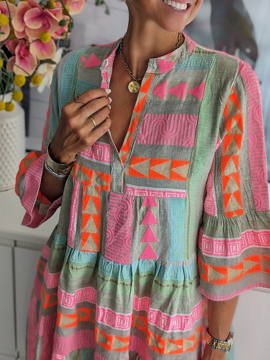 Dam Mini klänning Vardagsklänning Boho-klänning Stylish Ledigt Semester Dagligen Normal Geometrisk 3/4 ärm V-hals Rodnande Rosa Vår Höst 2025 - $38.99 –P3