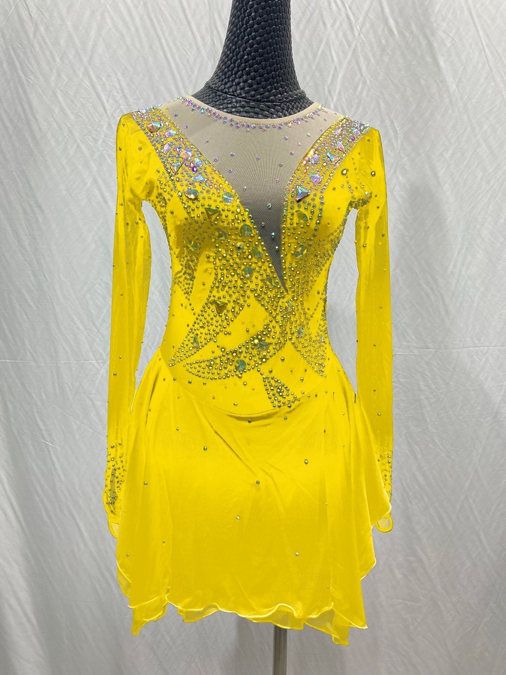 Figure Skating Dress Women's Girls' Ice Skating Dress Outfits Light Yellow Lake Blue Yellow Mesh Spandex High Elasticity Training Competition Skating Wear Patchwork Crystal / Rhinestone Long Sleeve 2025 - $141.99 –P10