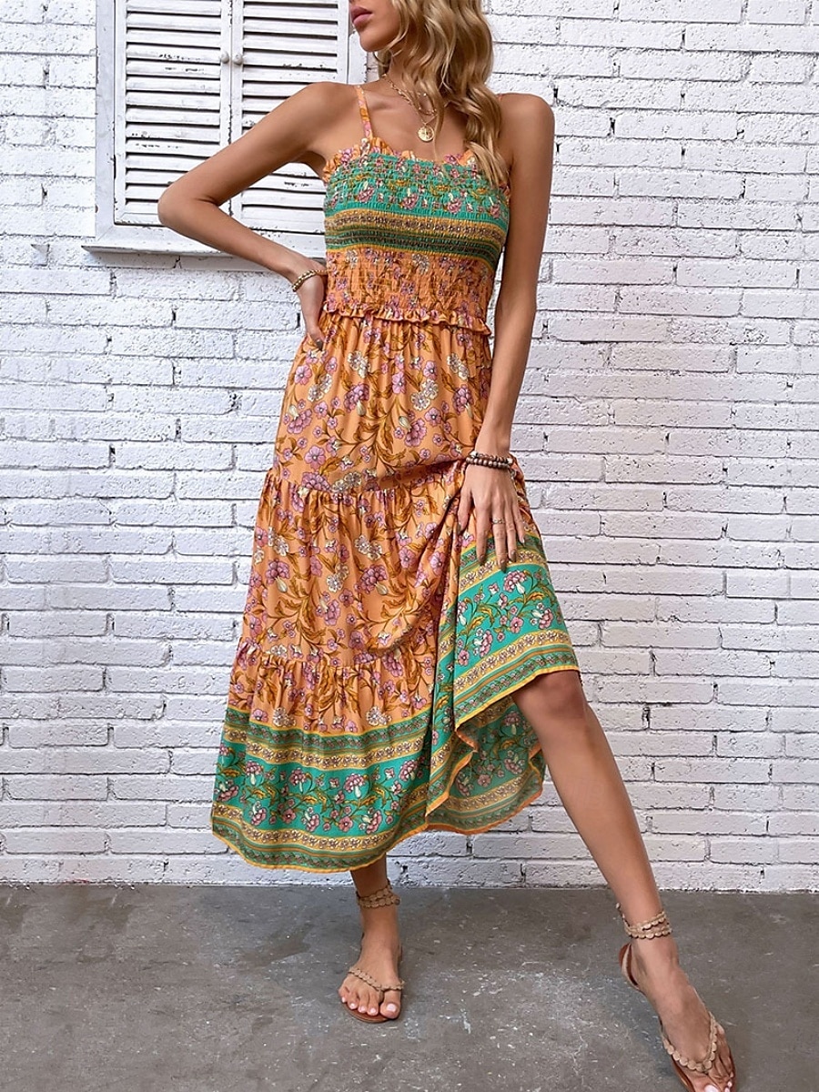 Dámské Maxi šaty Volnočasové šaty Boho Chic šaty Boho šaty Čechy stylové Na běžné nošení Dovolená Denní Plážové Volný Grafika Bez rukávů Do V Oranžová Léto Jaro 2025 - $46.99 –P1
