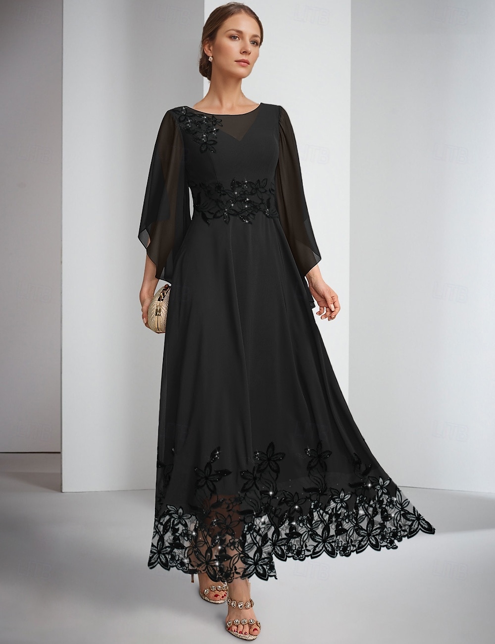 A-Line Dress Ankle Length Party Dress Cocktail Dress Long Sleeve Jewel Neck Elegant Sparkle & Shine Formal Chiffon Mother of the Bride Dress with Lace Embroidery Solid Color 2025 - $169.99 –P1