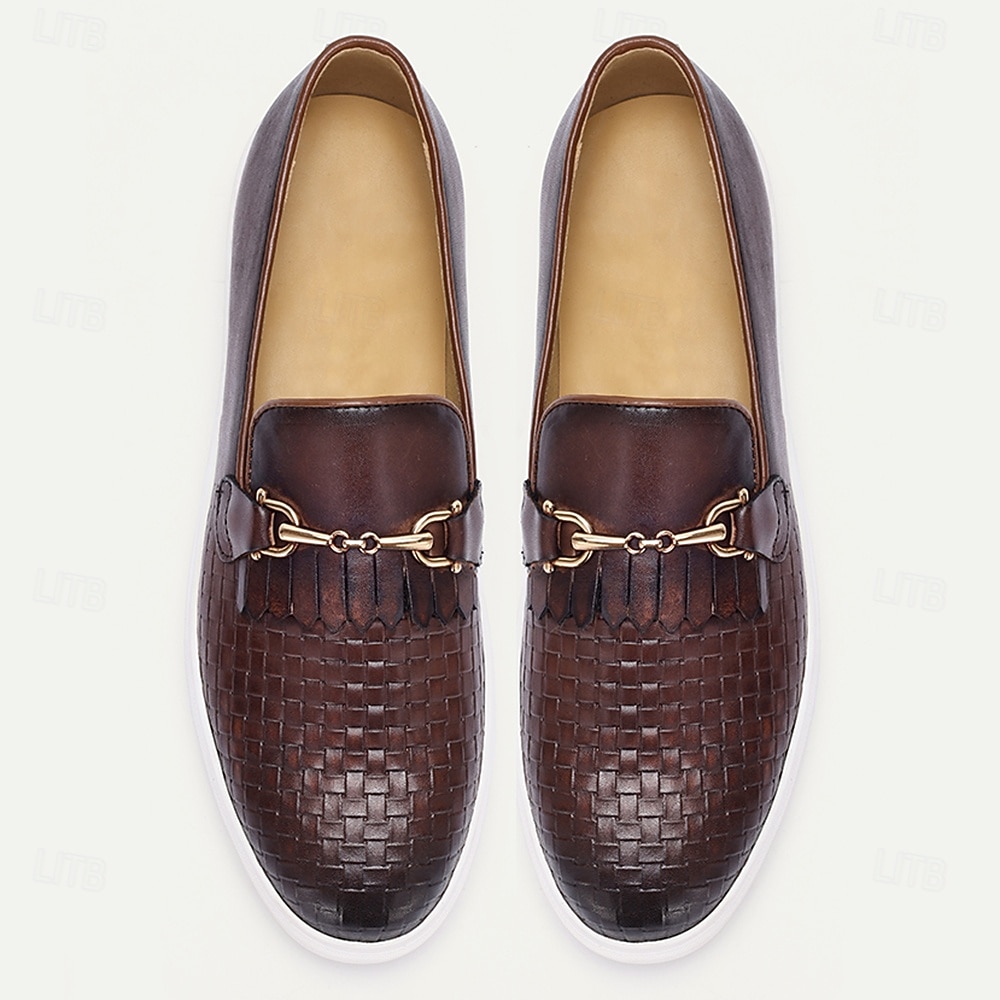 Men's Premium Cowhide Slip-On Sneakers with Woven Leather Design, Tassel and Gold Chain Detail, Casual and Stylish for Everyday Wear 2026 - $99.99 –P3