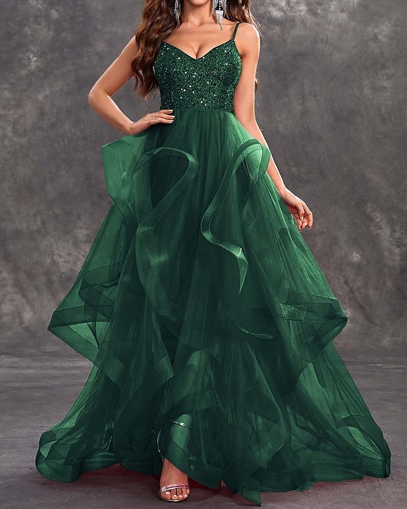 Prom Klänningar A-linje Elegant Klänning Glitter Tyll Formell Bröllopsgäst Golvlängd Ärmlös V-ringad 2024 2025 - $173.99 –P1