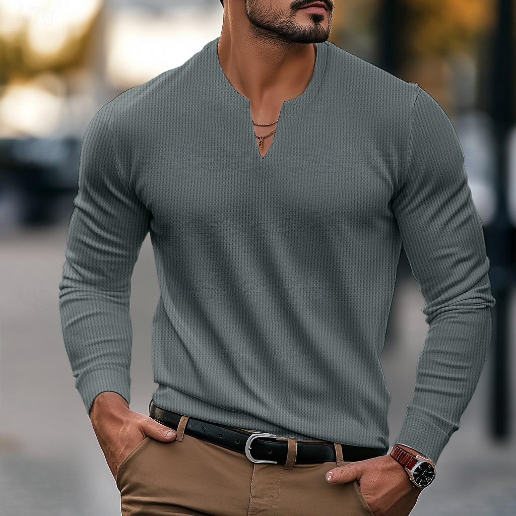 Herren Waffelhemd T Shirt T-Shirt Langarmshirt Langarm V Ausschnitt Frühling & Herbst Einfach Mode Designer Basic Klassicher Stil Urlaub Straße Ausgehen Schwarz Weiß Orange Top T-Shirt für Herren 2025 - $18.99 –P3