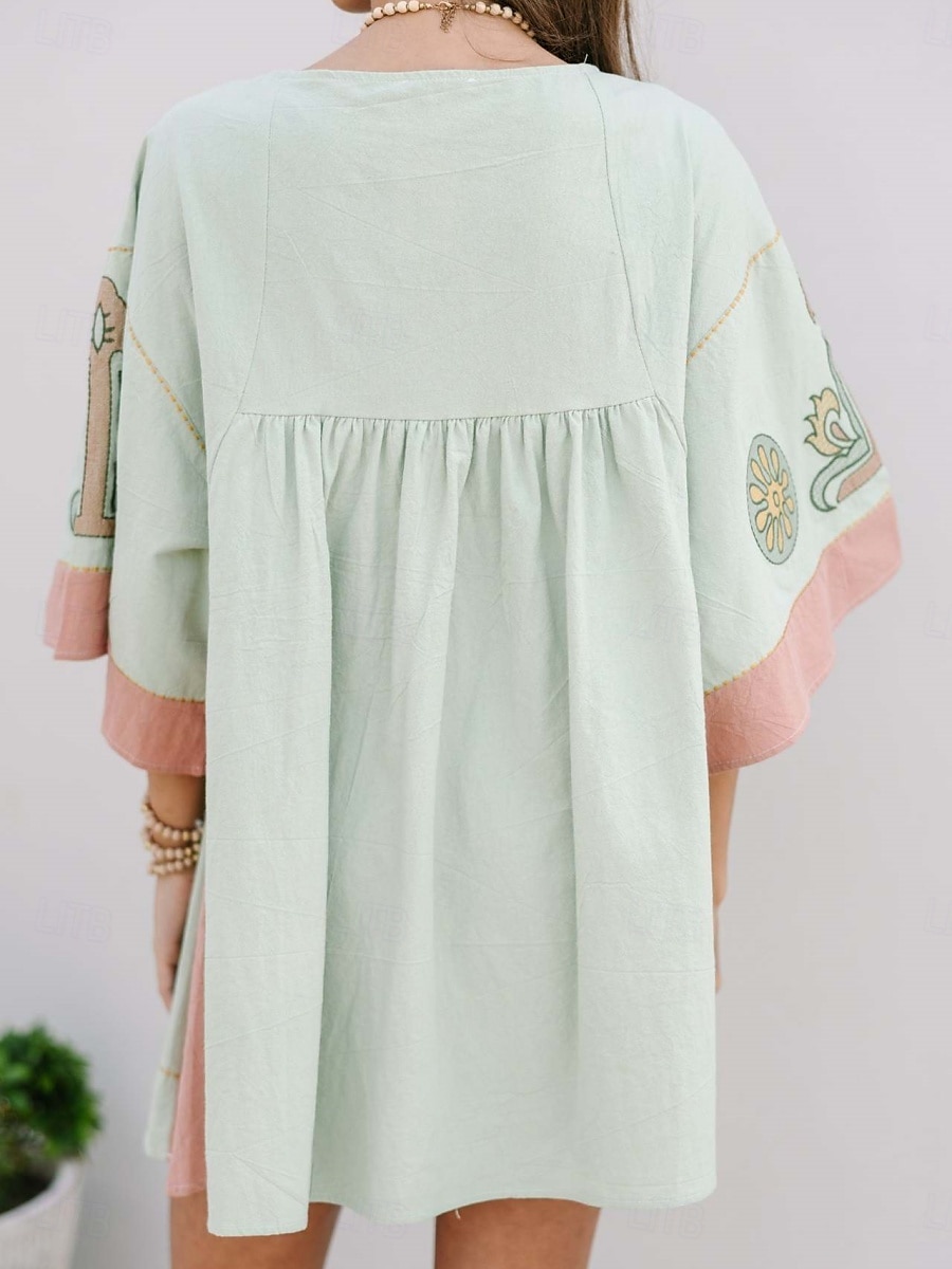 Damskie Sukienka mini Codzienne sukienki Sukienka Boho Bohema Zabytkowe Codzienny Urlop Codzienny Regularny Kwiaty Rękaw 3/4 W serek Fuksja Pomarańczowy Zielony Wiosna Jesień 2025 - $41.99 –P9