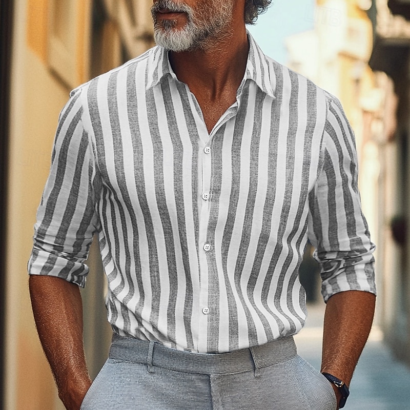 Hombre Camisa camisa de lino Camisa de verano Ropa de playa Abotonar la camisa A Rayas Fiesta Calle Negro Rojo Azul Piscina Gris Ligero Manga Larga Cuello Verano Ropa 2025 - $26.99 –P2
