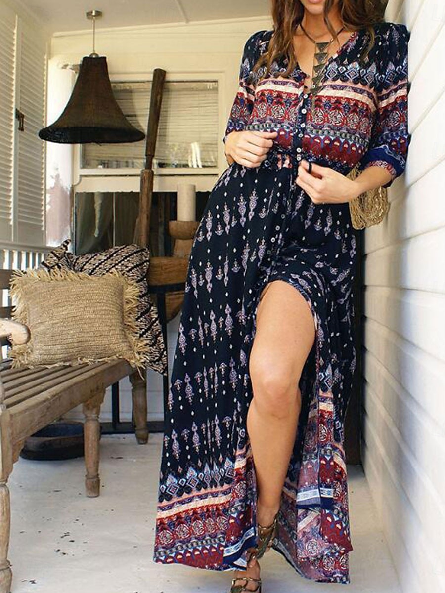 Women's Maxi Dress Casual Dress Boho Chic Dresses Boho Dress Bohemia Cute Stylish Vacation Daily Beach Loose Fit Graphic 3/4 Length Sleeve V Neck Black Wine Blue Summer Spring Fall 2025 - $31.99 –P3