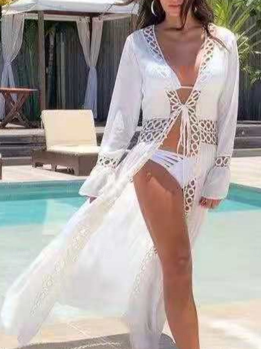 Robes de plage femme couvrant maillots de bain en dentelle patchwork Vêtements de plage de vacances Couleur unie à manches longues de 2025 ? $34.99 –P5