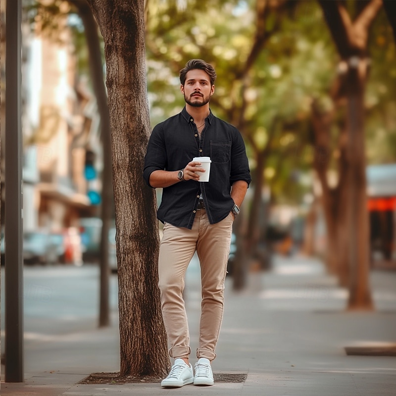 Herren Hemd Chambray-Hemd Calico-Hemd Lässiges Hemd Knopfhemd Denim Blue Schwarz Dunkel Blau Dunkelblau Langarm Glatt Kragen Urlaub Täglich Bekleidung Modisch Brautkleider schlicht 2025 - $29.99 –P5