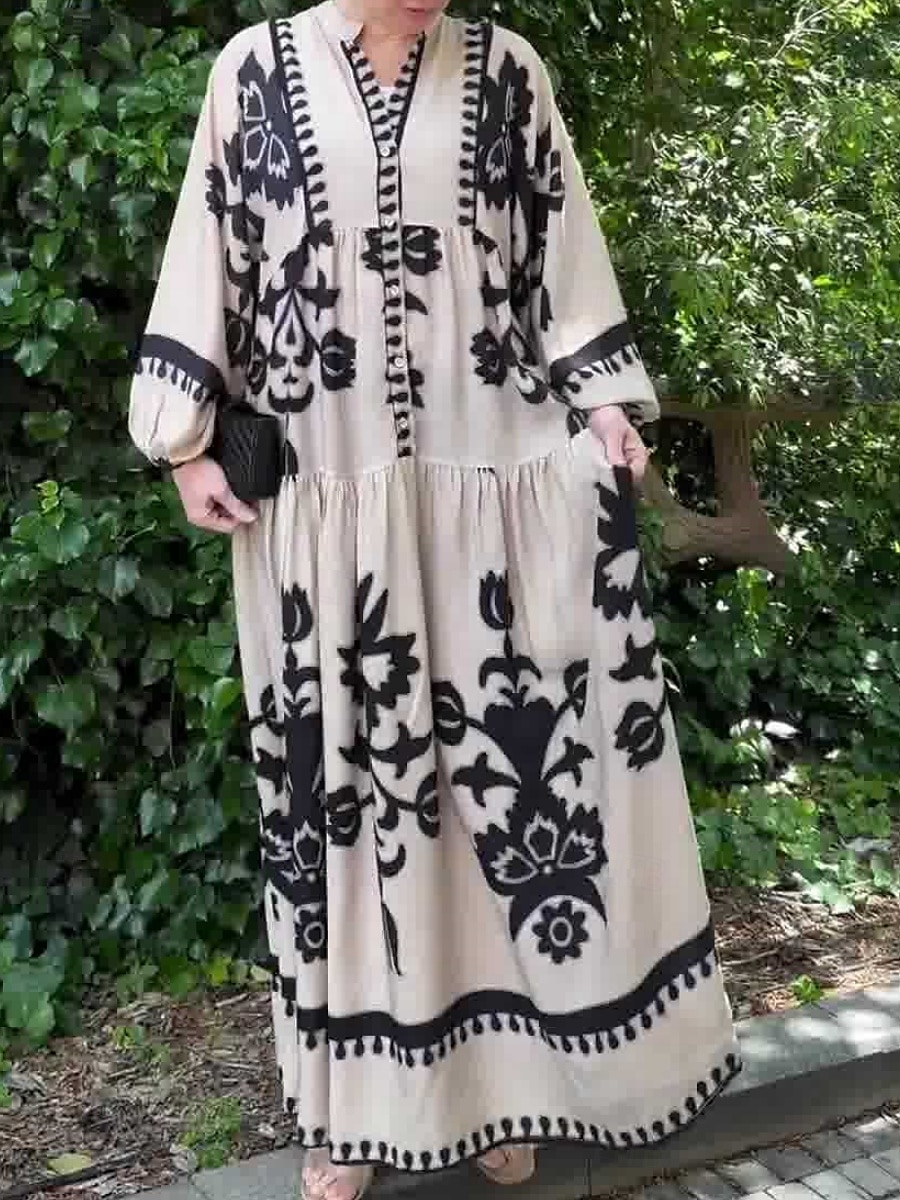 Women's Maxi Dress Casual Dress Swing Dress Boho Dress Vintage Ethnic Casual Vacation Daily Regular Fit Floral Long Sleeve Notched Neck Black White Spring Fall 2025 - $49.99 –P1