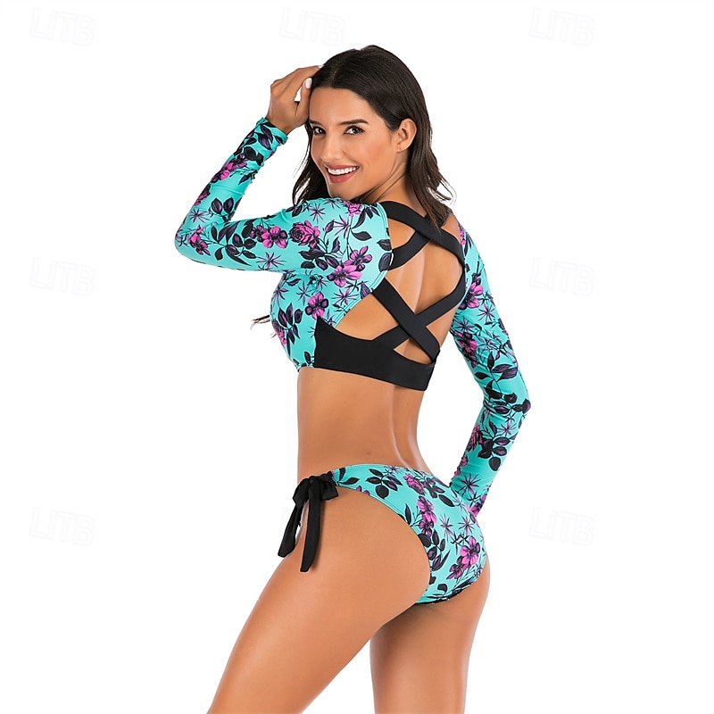 Naisten Rashguard-uimapuku UV-aurinkosuojaus UPF50+ Hengittävä Pitkähihainen Spandex Uima-asut Uimapuku 2-osainen Avoin selkä Uinti Lainelautailu Hiekkaranta Vesiurheilu Kukat Kesä Kevät Syksy 2025 - $27.99 –P5